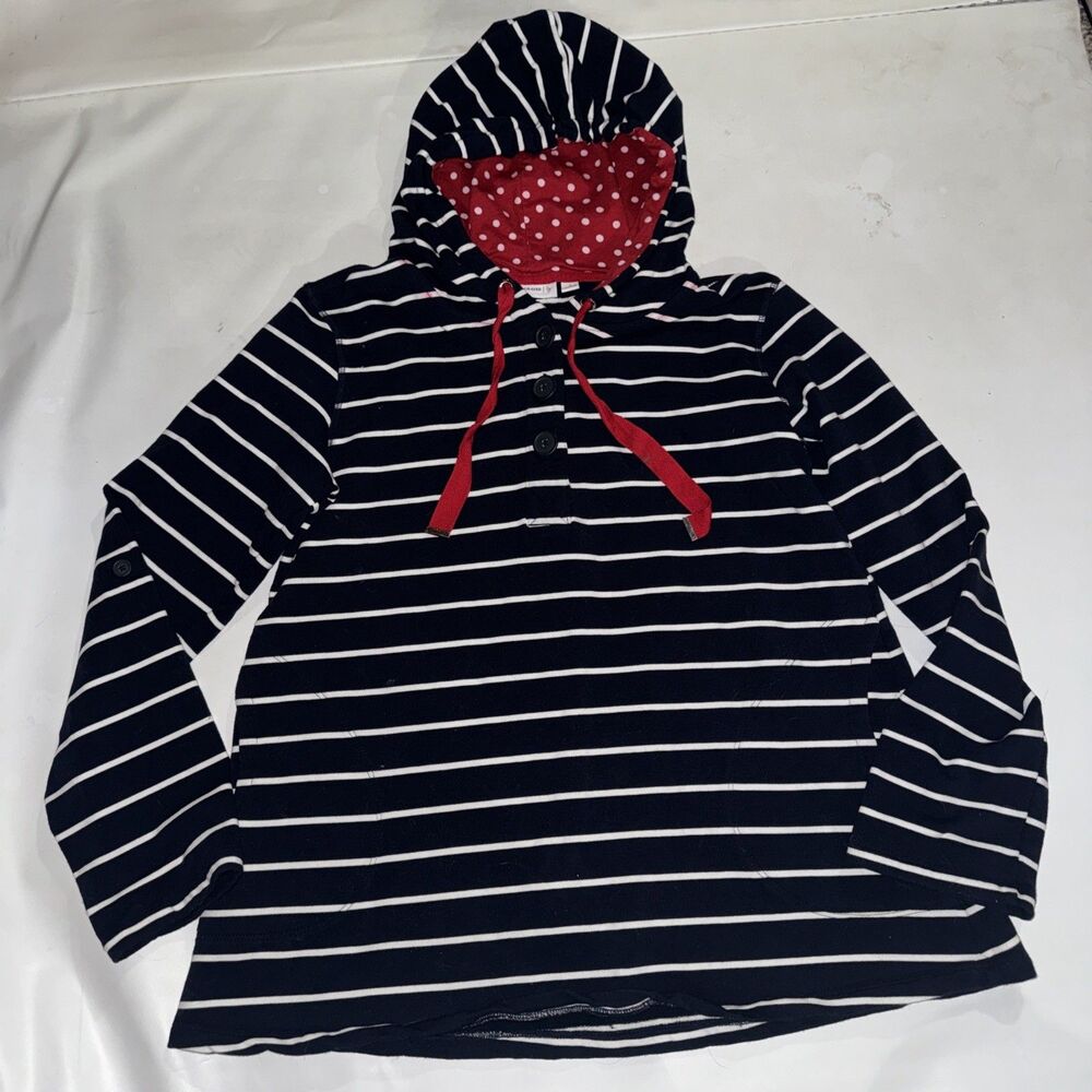 Susan Graver Womens Henley Hoodie Blue White Stripe Sleeve Pocket Small